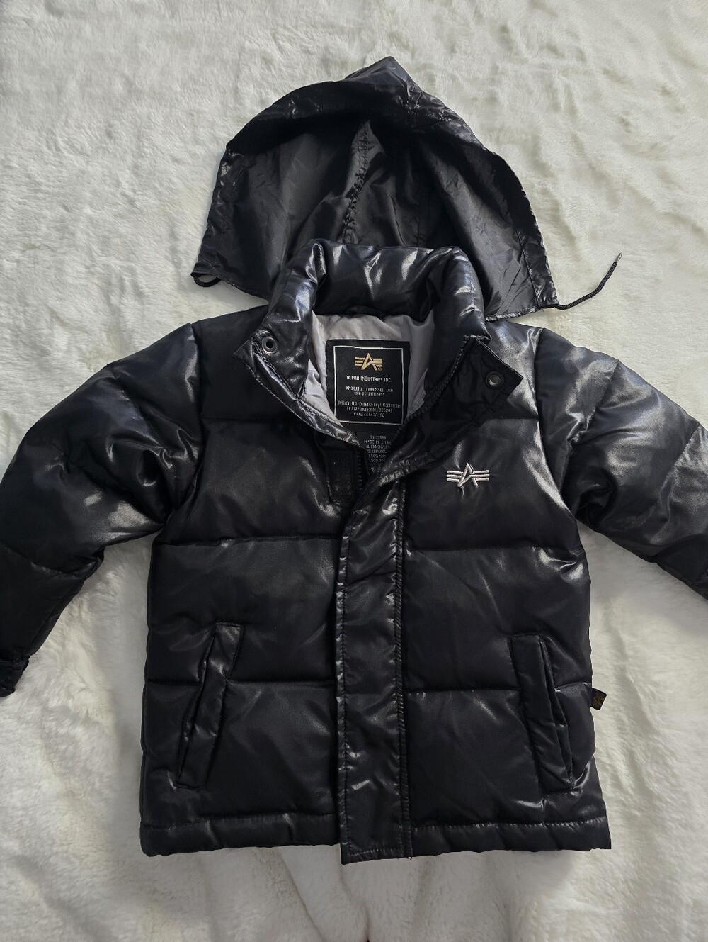ALPHA IND. Black Kid's Puffer Jacket with Hood And Embroidered Logo